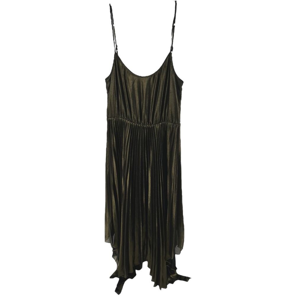 AllSaints Lerin Dress Midi Pleated Sleeveless Asymmetric Draped Metallic Gold S - Picture 2 of 5